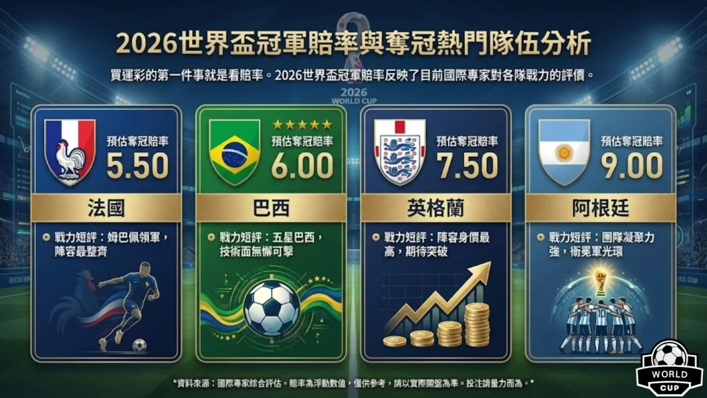 2026世界盃冠軍賠率 2026世足奪冠預測 台灣運彩世界盃玩法 2026世界盃分組名單 世足賽金靴獎賠率
