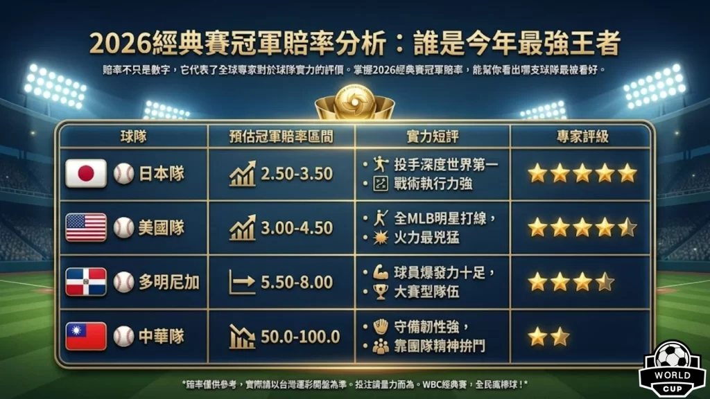 WBC經典賽投注 WBC運彩玩法教學 2026經典賽冠軍賠率 WBC場中投注 經典賽讓分怎麼看