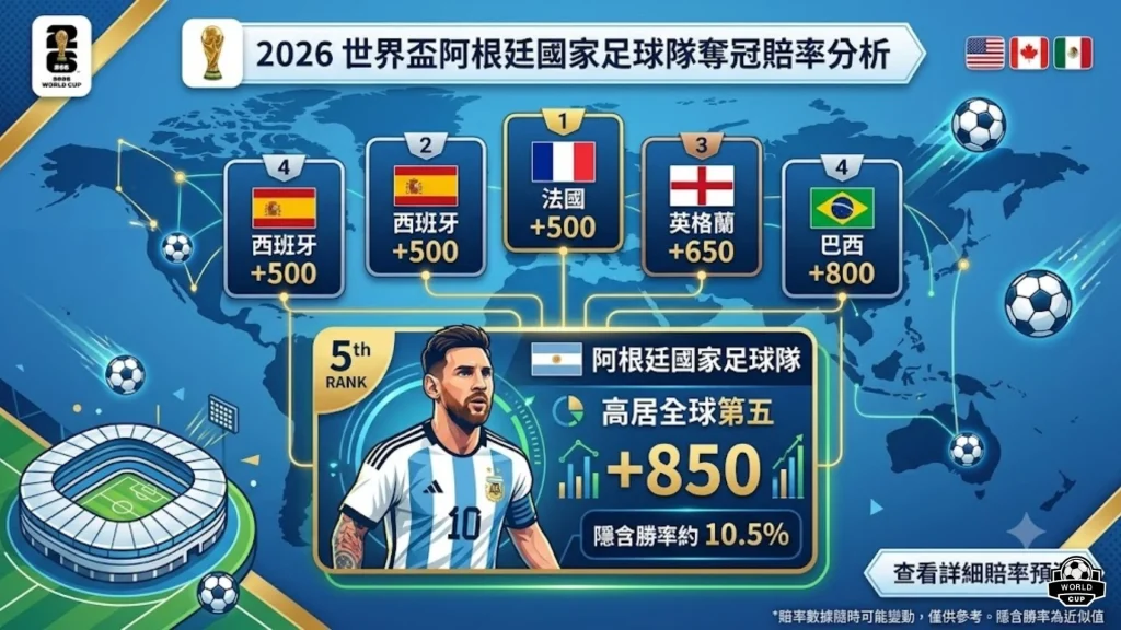 2026世界盃阿根廷國家足球隊奪冠機率與全球盤口預測趨勢圖，橫向對比西班牙、法國、英格蘭與巴西等傳統五強。