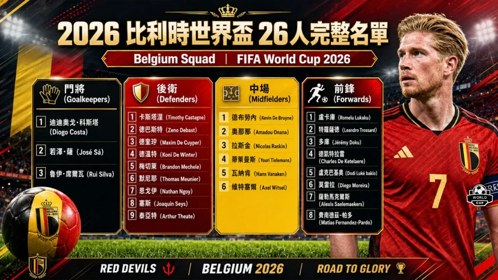 2026比利時世界盃26人完整名單官方球員分布海報,詳細羅列前鋒、中場、後衛與門將,右側展示核心中場德布勞內身穿國家隊7號球衣。