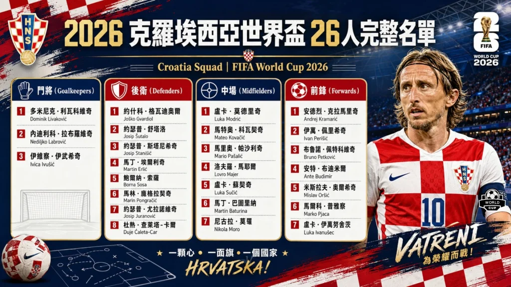 2026克羅埃西亞世界盃26人完整名單官方球員分布海報,詳細羅列前鋒、中場、後衛與門將,右下展示核心隊長莫德里奇身穿國家隊10號球衣。