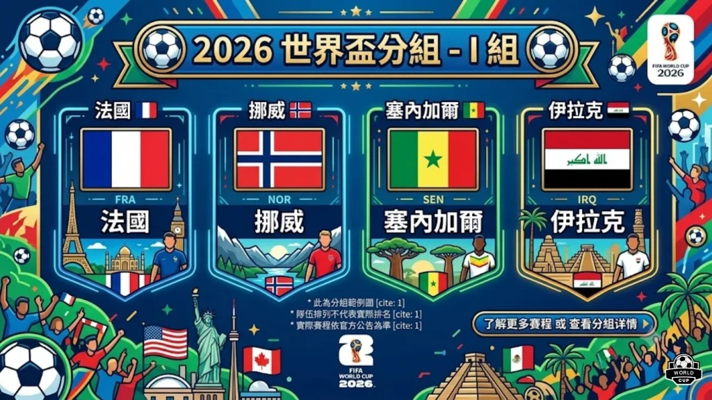 2026世界盃足球分組I組名單詳情表格，包含種子隊法國、挪威、塞內加爾與伊拉克。