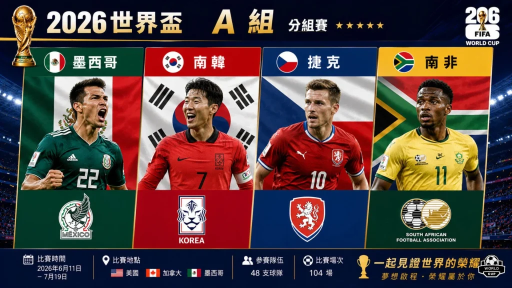 2026世界盃足球賽小組賽A組對手橫向評比，羅列墨西哥、南韓、捷克與南非的隊徽、核心球星與對戰賽程海報。