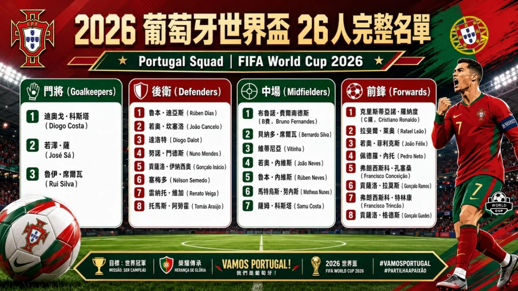 2026葡萄牙世界盃26人名單官方球員分布海報,詳細羅列前鋒、中場、後衛與門將,右側展示球星慶功高光。