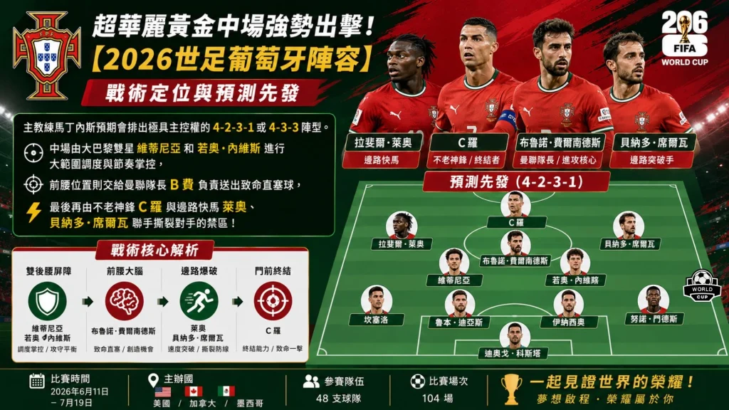 2026世界盃葡萄牙隊主力首發4-3-3陣型圖解,綠色足球場標示C羅、B費與萊奧的戰術位置。