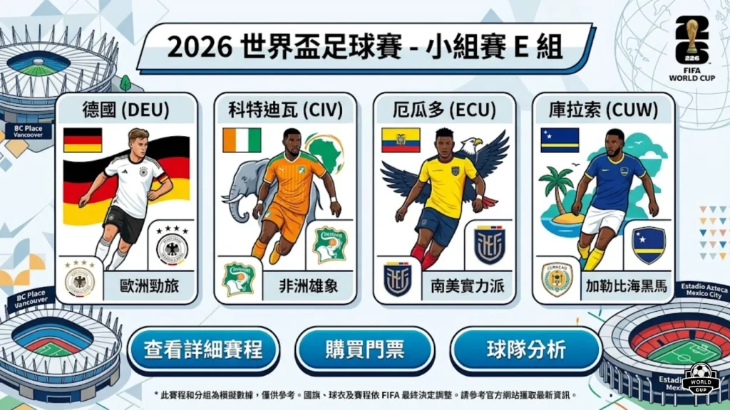 2026世界盃足球賽小組賽E組對手橫向評比,羅列德國、科特迪瓦、厄瓜多爾與庫拉索的隊徽、核心球星與對戰賽程。