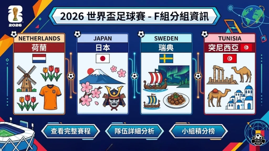 2026世界盃足球賽小組賽H組對手橫向評比，羅列荷蘭、日本、瑞典與突尼西亞的隊徽、核心球星與對戰賽程。