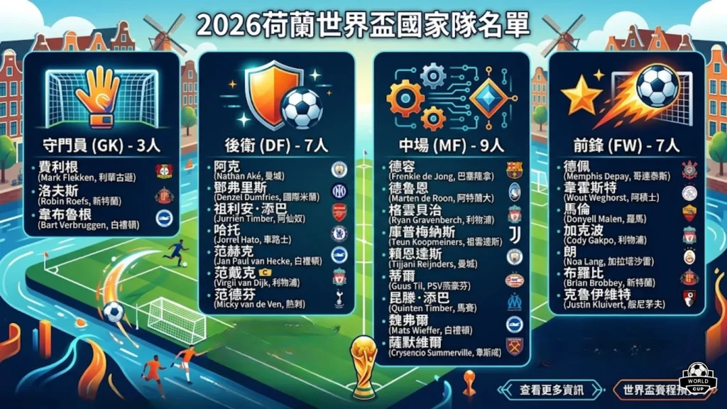 2026荷蘭世界盃26人名單球員分布海報，左側展示中場德容與前鋒，標示荷蘭國家隊總教練科曼的名字。