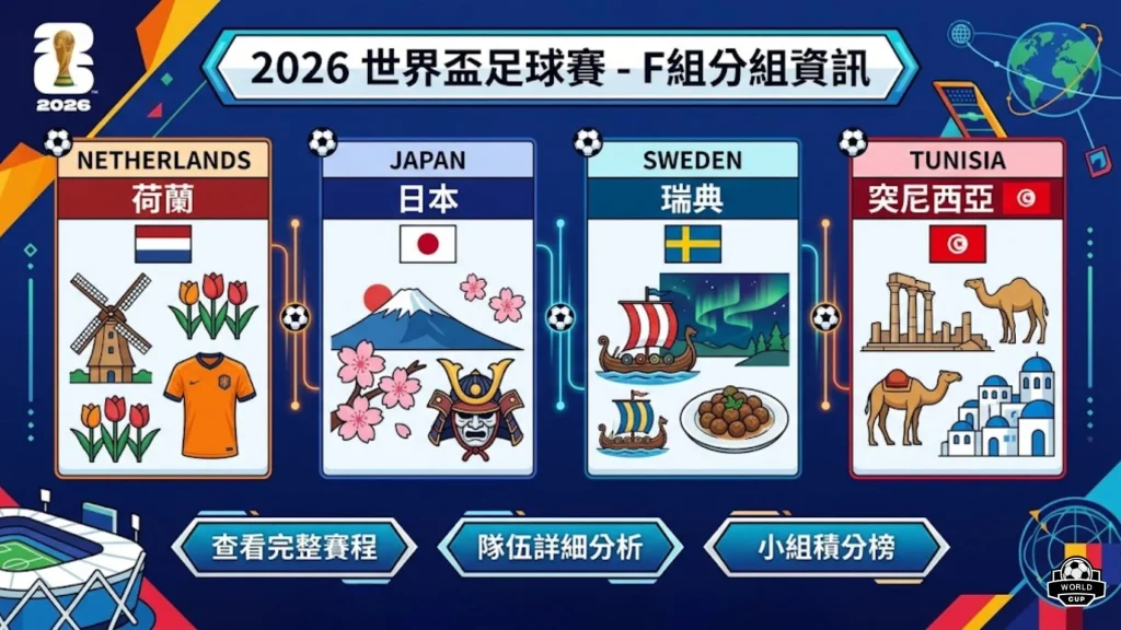 2026世界盃足球賽小組賽F組對手橫向評比，羅列荷蘭、日本、瑞典與突尼西亞的隊徽、歷史建築與對戰賽程。