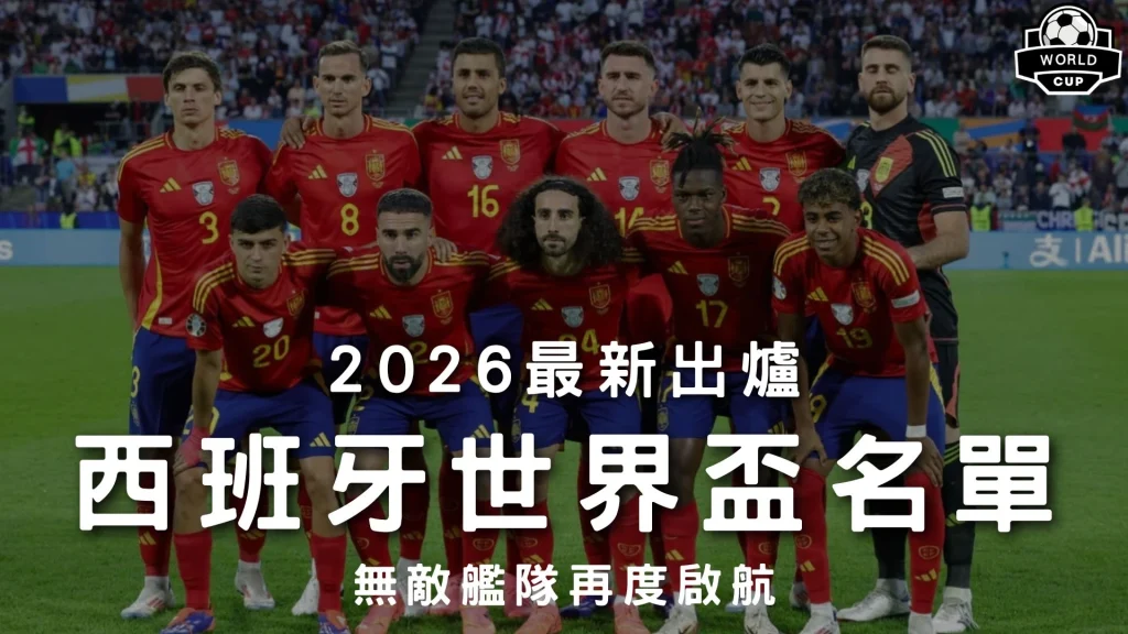 2026最新出爐西班牙世界盃名單特輯封面，展示鬥牛士軍團全隊身穿紅色戰袍合照，解析西班牙國家足球隊戰力。