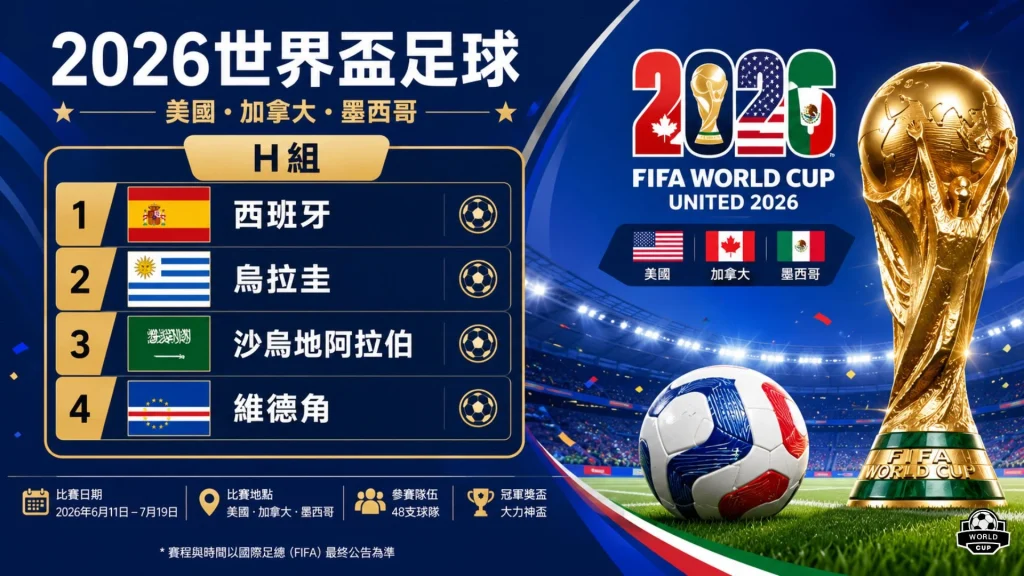 2026世界盃足球賽分組榜，羅列西班牙、烏拉圭、沙烏地阿拉伯與哥斯大黎加的隊徽、核心球星與對戰賽程。