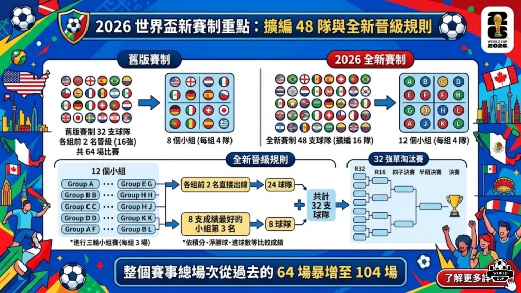 2026世界盃賽程與全新48隊賽制規則圖解，展示12個小組晉級32強淘汰賽的晉級樹狀圖。